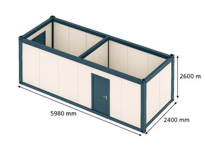 „Izometrický pohled na zateplený kontejner 6 × 2,4 m s vnitřní příčkou a dvojími dveřmi, Elado.cz.