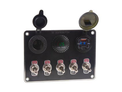 Panel s 5x spínači + 2x USB/Voltmetr a CL zásuvka, 12/24V - 47180