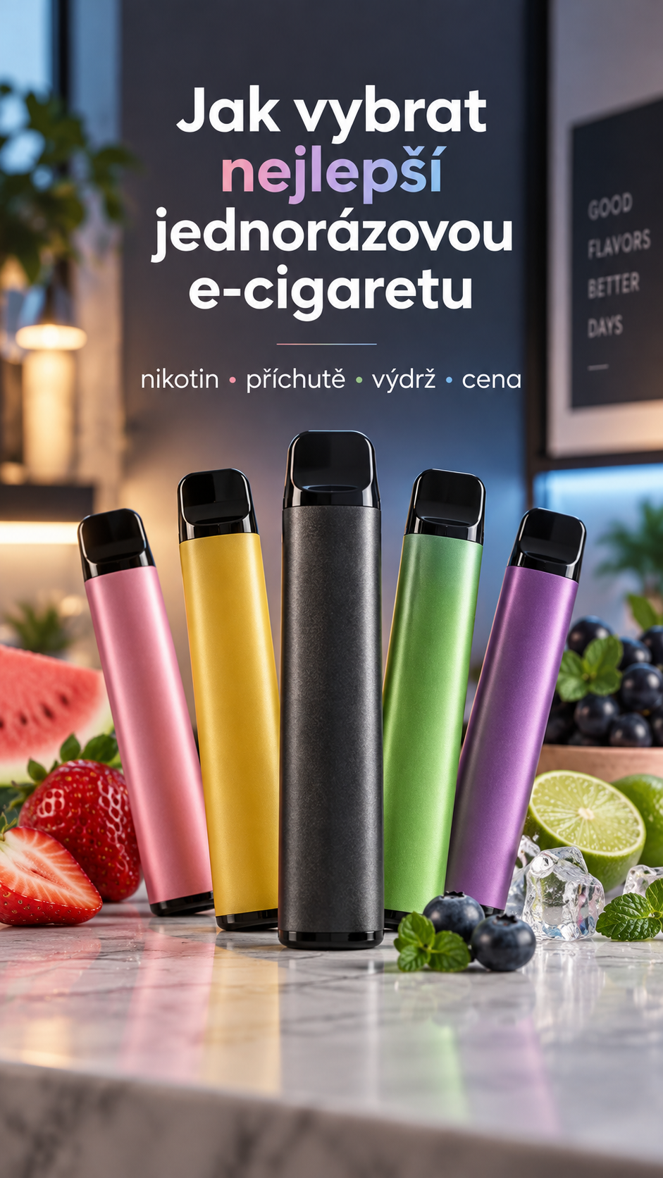 Barevné jednorázové e-cigarety a hlavní kritéria výběru: nikotin, příchutě, výdrž a cena.