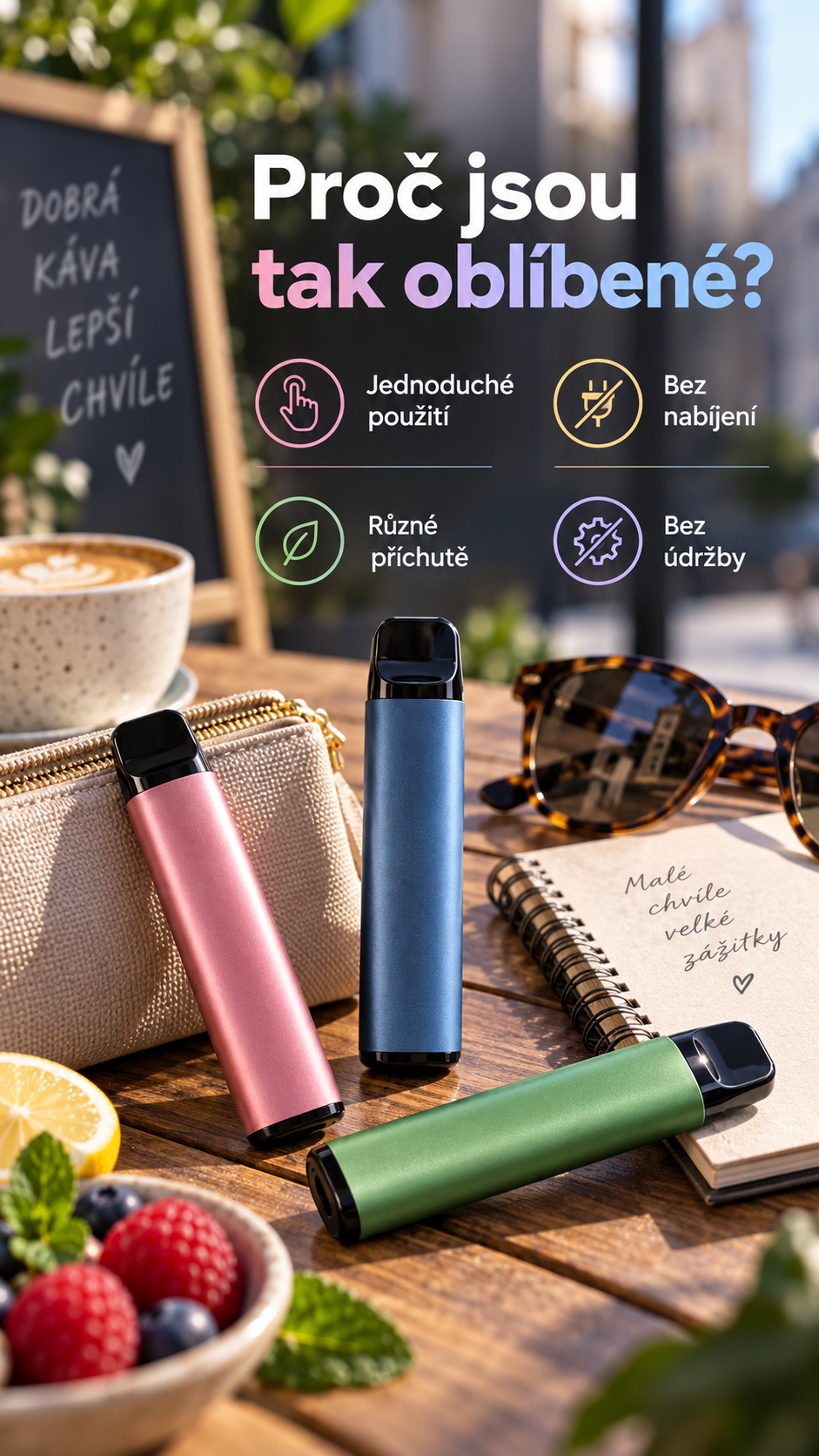 Jednorázové e-cigarety a hlavní důvody obliby: jednoduché použití, různé příchutě a minimum údržby.