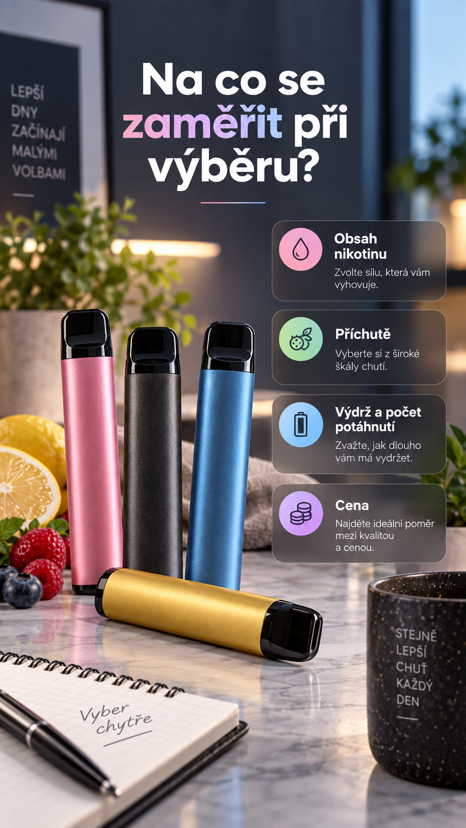 Přehled hlavních kritérií pro výběr jednorázové e-cigarety: nikotin, příchuť, výdrž a cena.