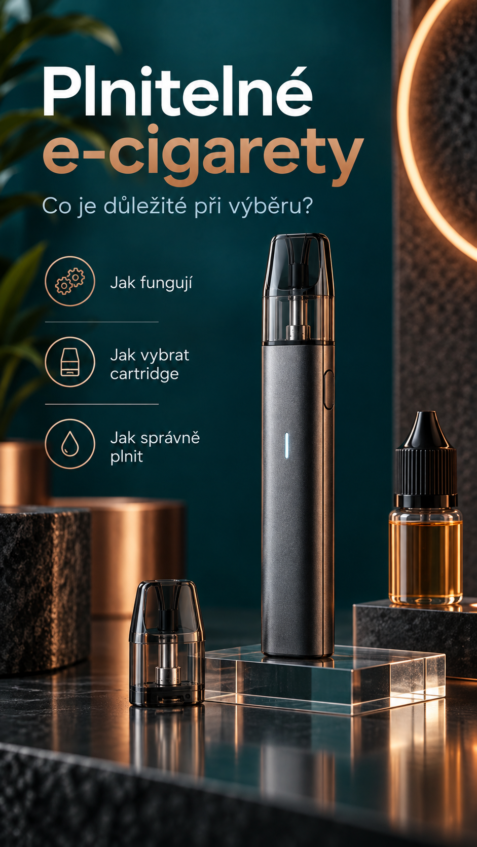 Plnitelná POD e-cigareta s vyjímatelnou cartridgí a lahvičkou e-liquidu.