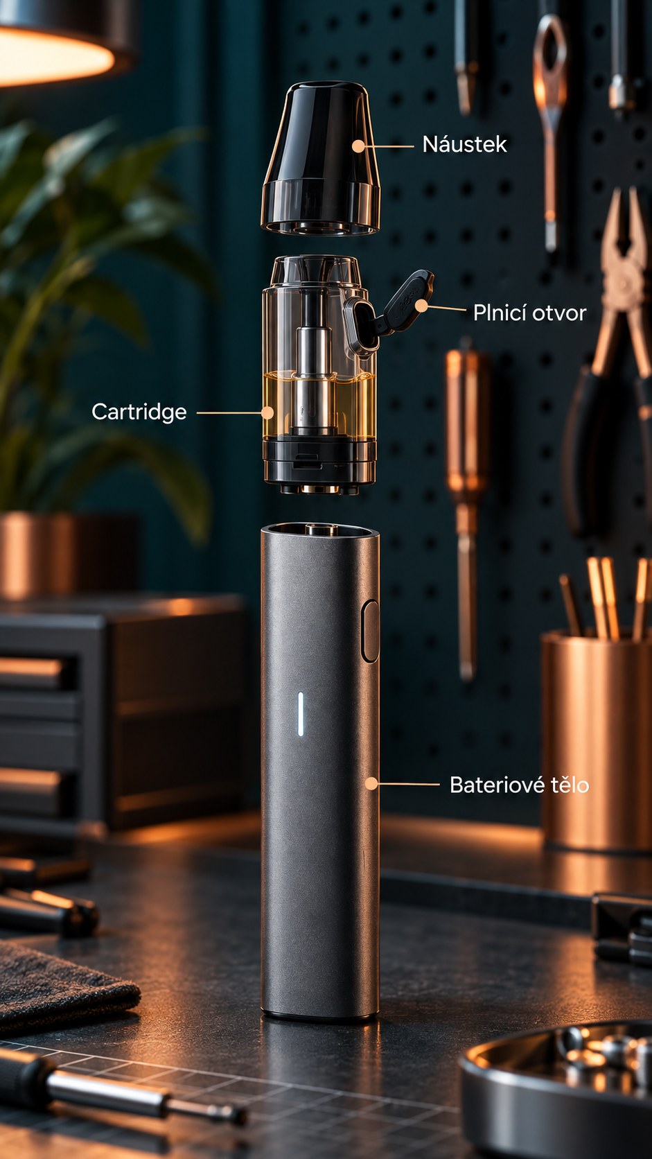 Hlavní části plnitelného POD systému: bateriové tělo, cartridge, náustek a plnicí otvor.