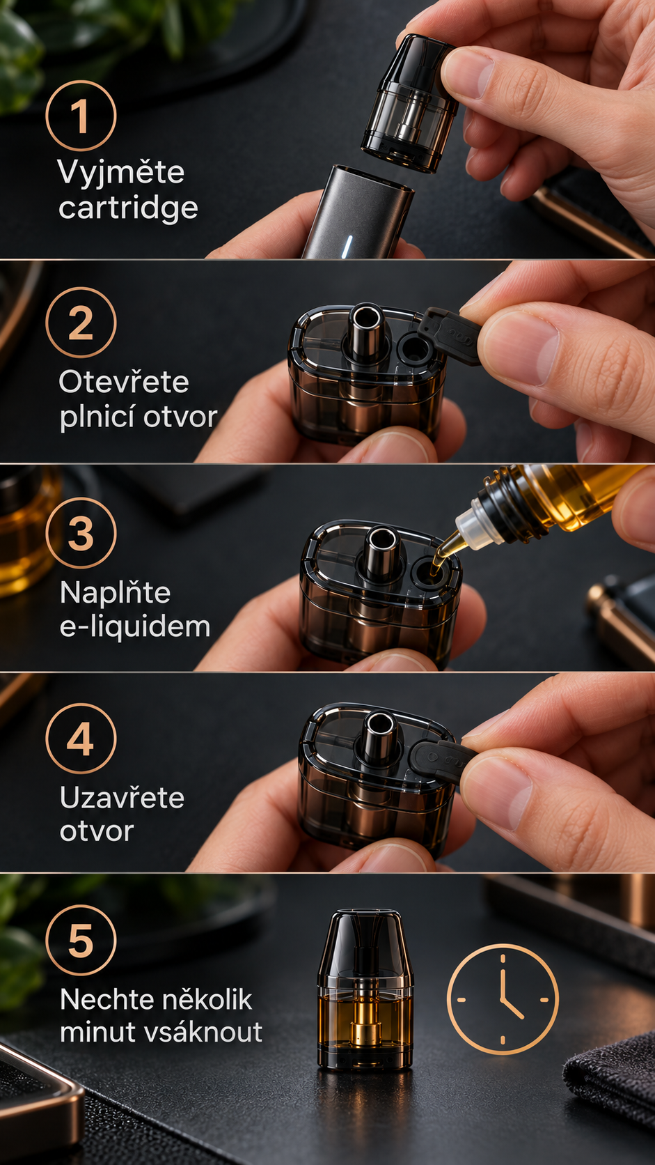 Pět kroků správného naplnění plnitelné POD cartridge e-liquidem.