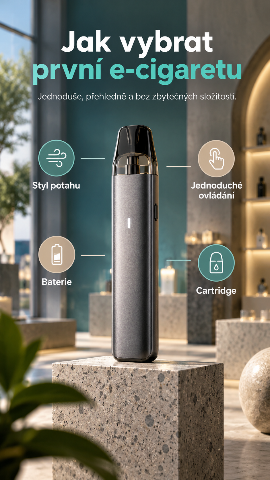 Začátečnická e-cigareta s hlavními parametry výběru.