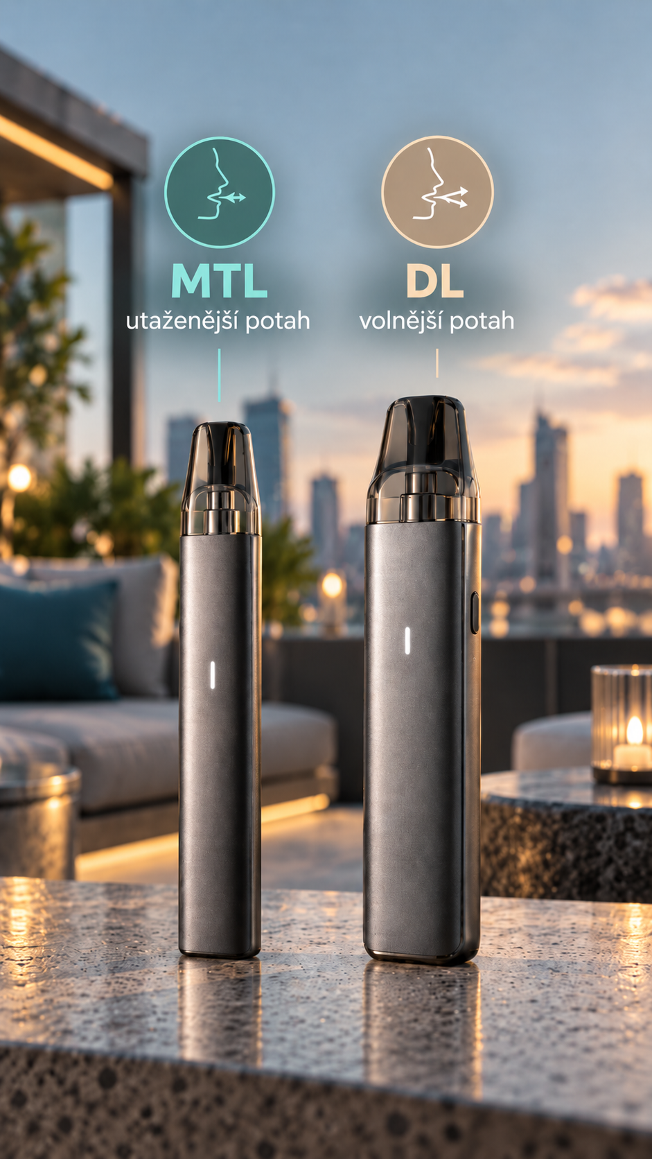 Srovnání MTL a DL stylu potahu u e-cigarety.