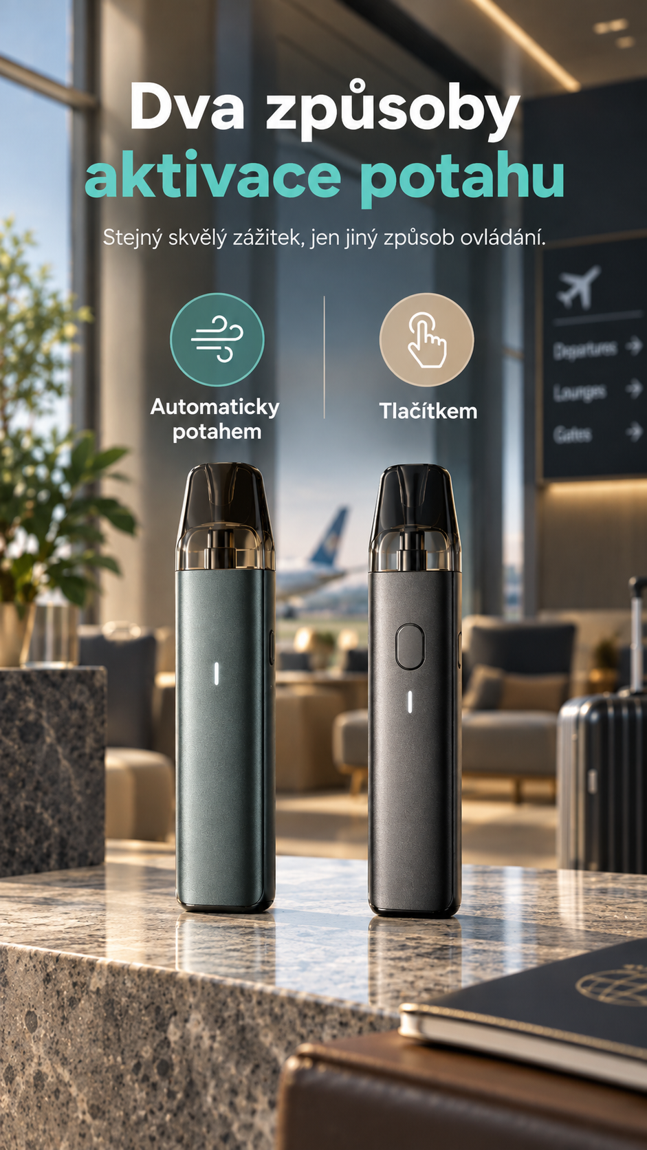 E-cigareta s automatickým spínáním potahem a tlačítkovým ovládáním.