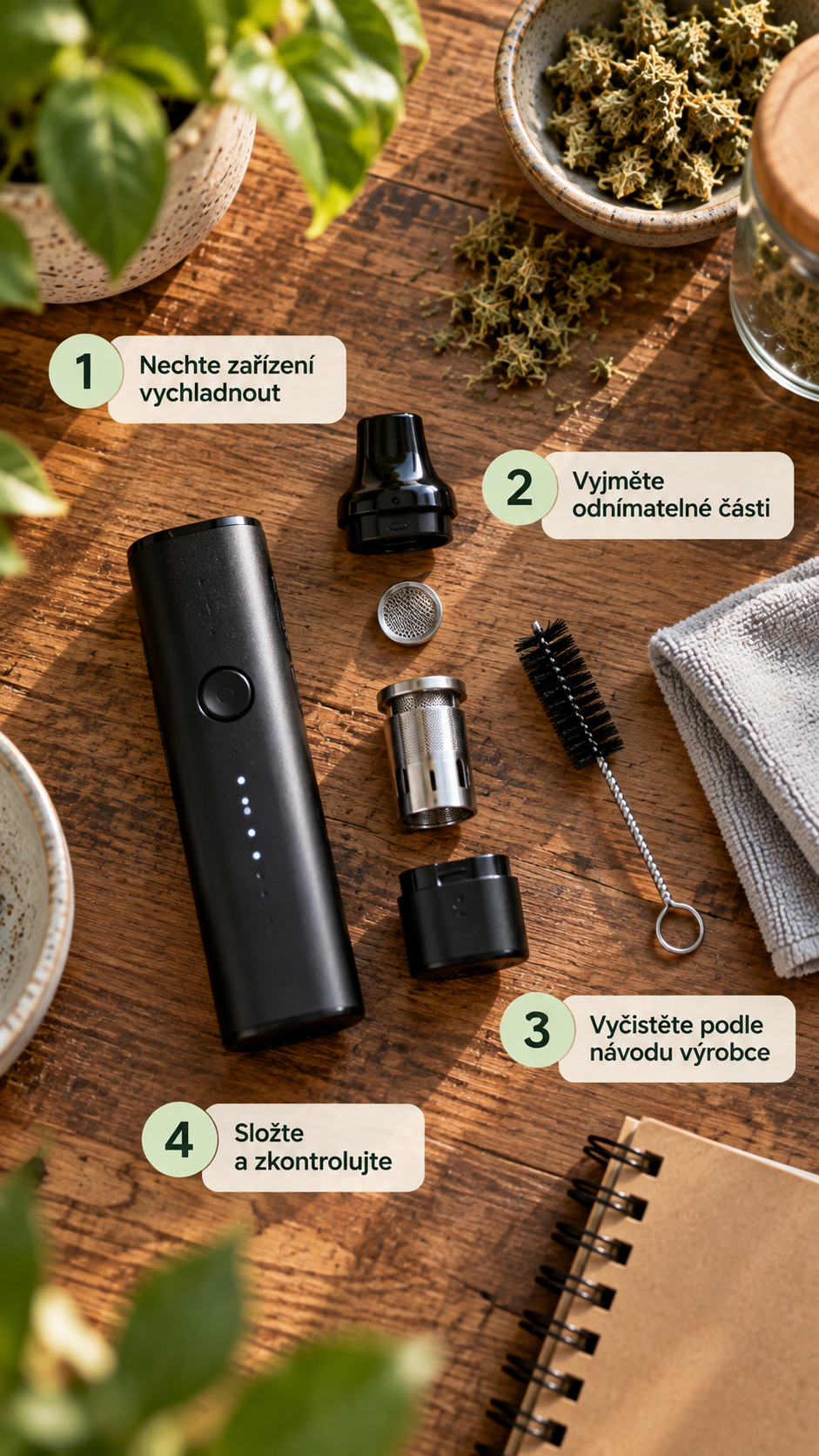 Čtyři základní kroky péče o přenosný vaporizér.