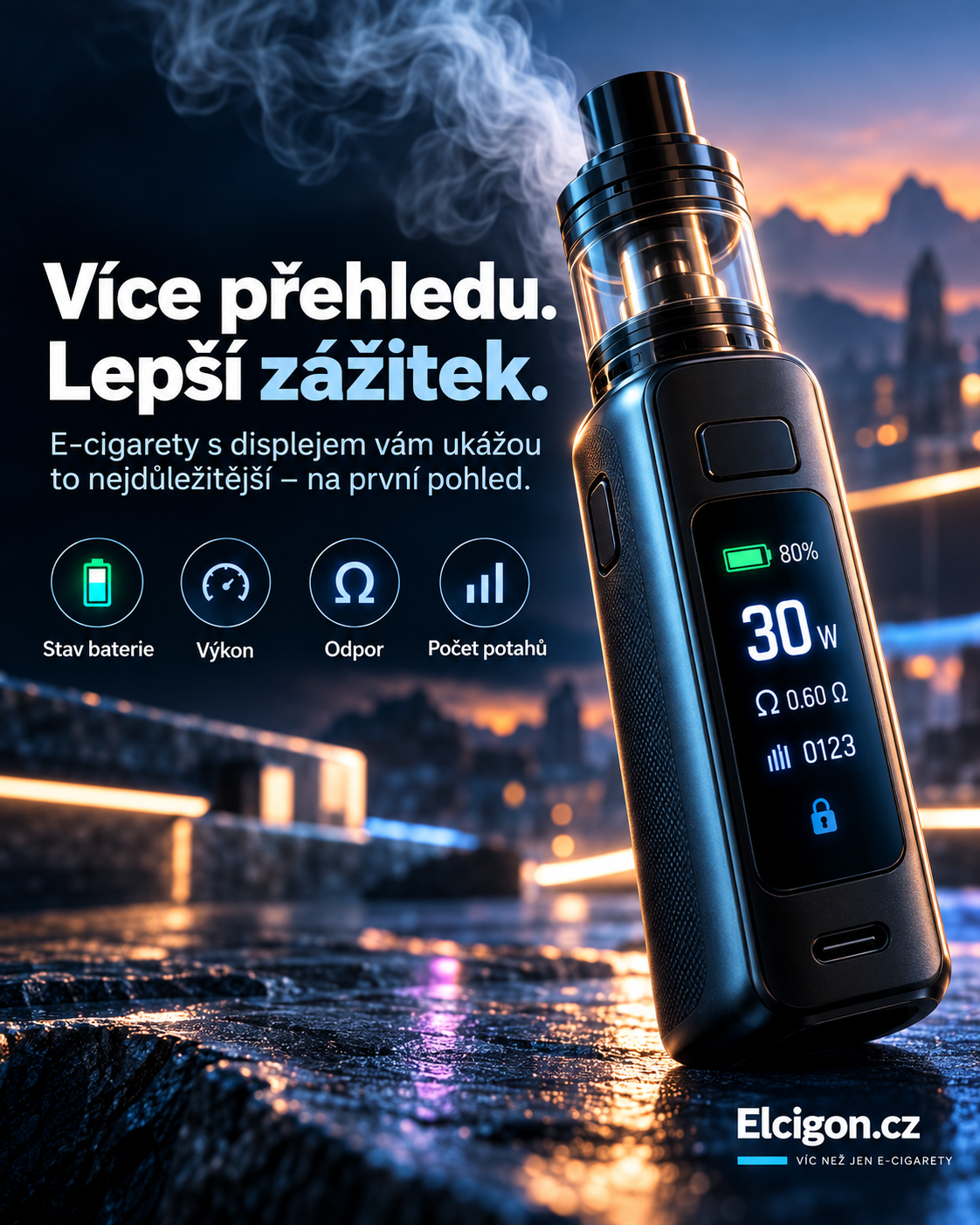 Moderní e-cigareta s výrazným displejem v futuristickém produktovém vizuálu.
