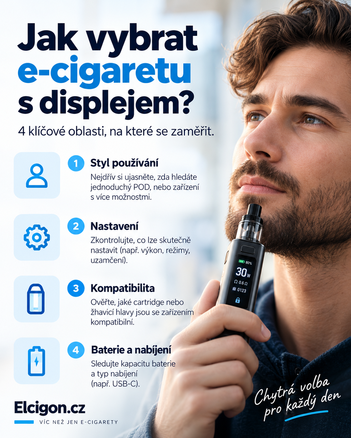 Rozhodovací schéma, kdy zvolit e-cigaretu s displejem a kdy jednoduchý POD.