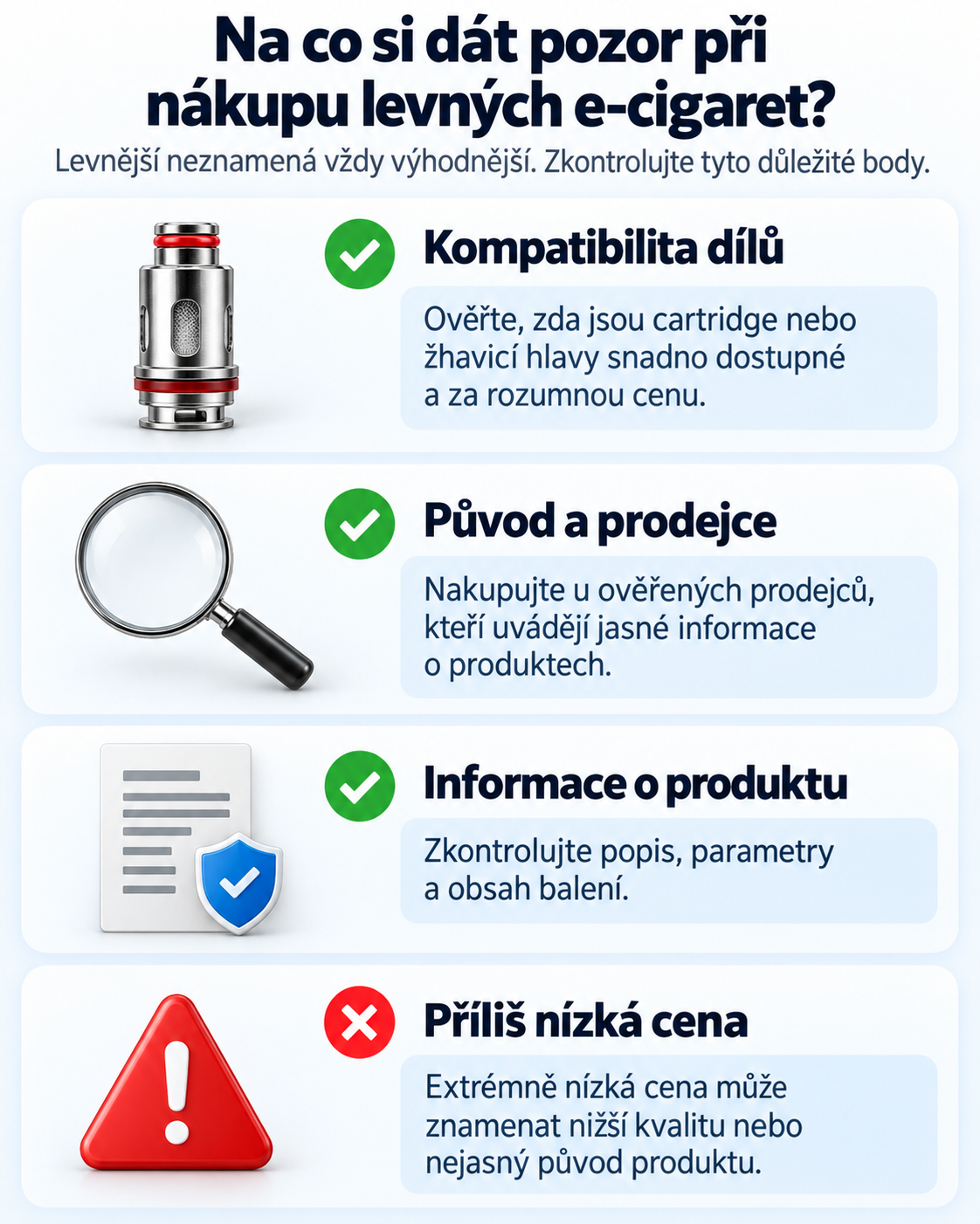 Kontrolní přehled, na co si dát pozor při nákupu levných e-cigaret, včetně kompatibility dílů, původu prodejce, informací o produktu a podezřele nízké ceny