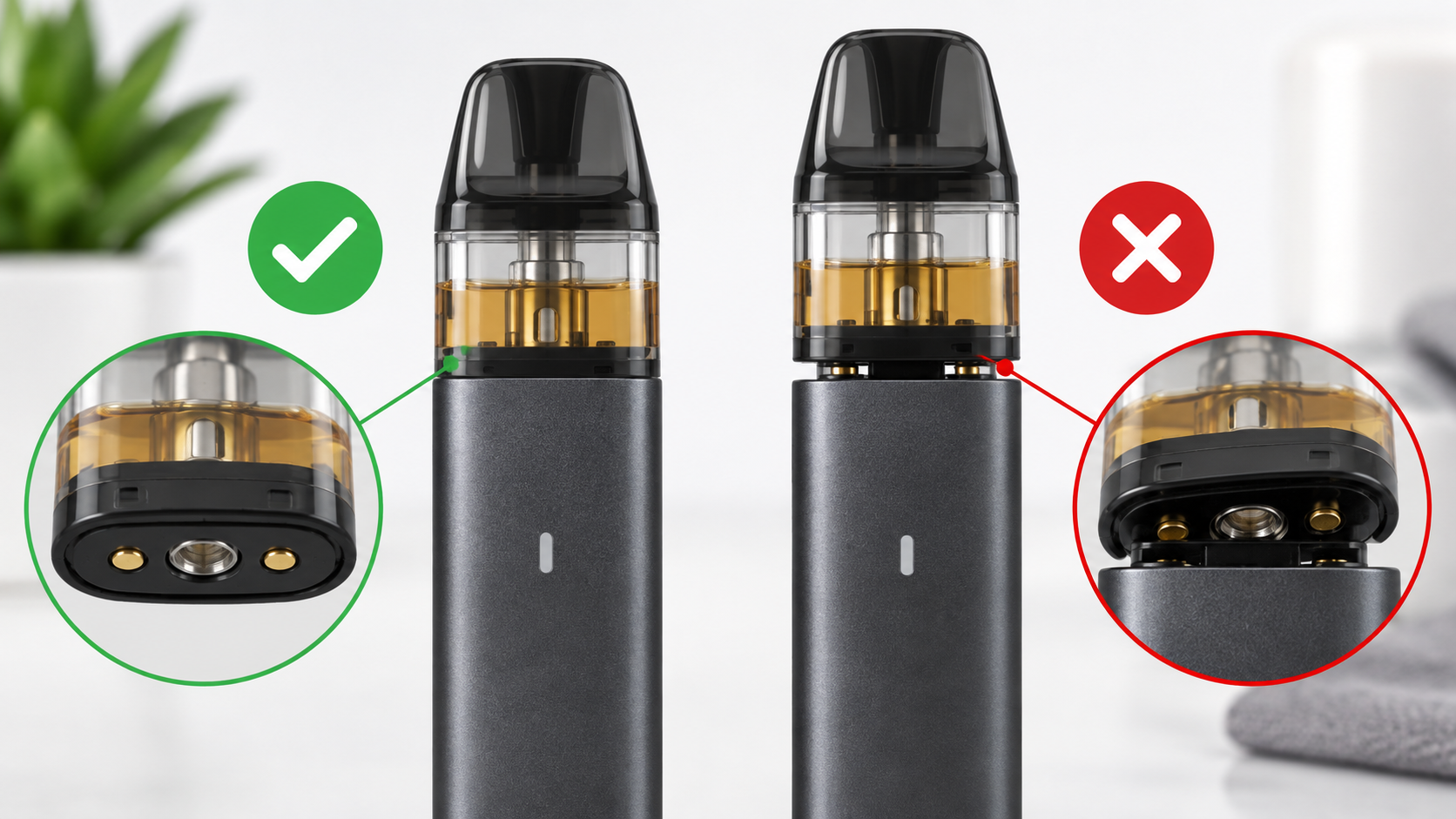 Správně a nesprávně usazený pod e-cigarety při problému s tvorbou páry