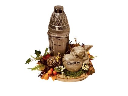 Smuteční dekorace podzimní  - svícen - anděl “chybíš mi” s náhrobním kamenem na dřevěné podložce s lampou,pr.30cm