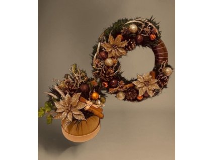 Vánoční set - v měděné a hnědé barvě - flower box + věnec,2ks