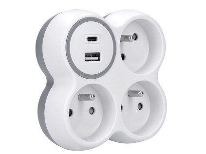 Solight rozbočovač, 3x 15A, USB nabíjačka A+C, biely-sivý