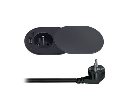 Solight 1z + USB A+C 20W PD vstavaná zásuvka s posuvným viečkom, 2m, matná čierna