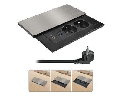 Solight vestavný blok zásuviek s posuvným krytom, 2 zásuvky, HDMI, USB A+C 20W PD, 2m, strieborný