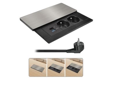 Solight vestavný blok zásuviek s posuvným krytom, 2 zásuvky, USB A+C 65W PD, 2m, strieborný