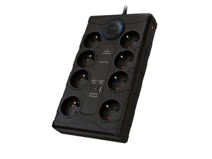 Predlžovačka s prepäťovou ochranou, 8z, USB A+C, 2m, čierna