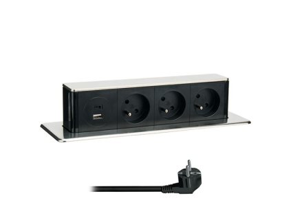 Solight 3z + USB A+C 20W PD výsuvný blok zásuviek, 2m, nerez oceľ