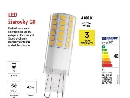 LED žiarovka Classic JC / G9 / 4,3 W (48 W) / 600 lm / Neutrálna biela