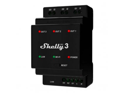 Inteligentní spínač na lištu DIN Shelly Pro 3 se suchými kontakty, 3 kanály