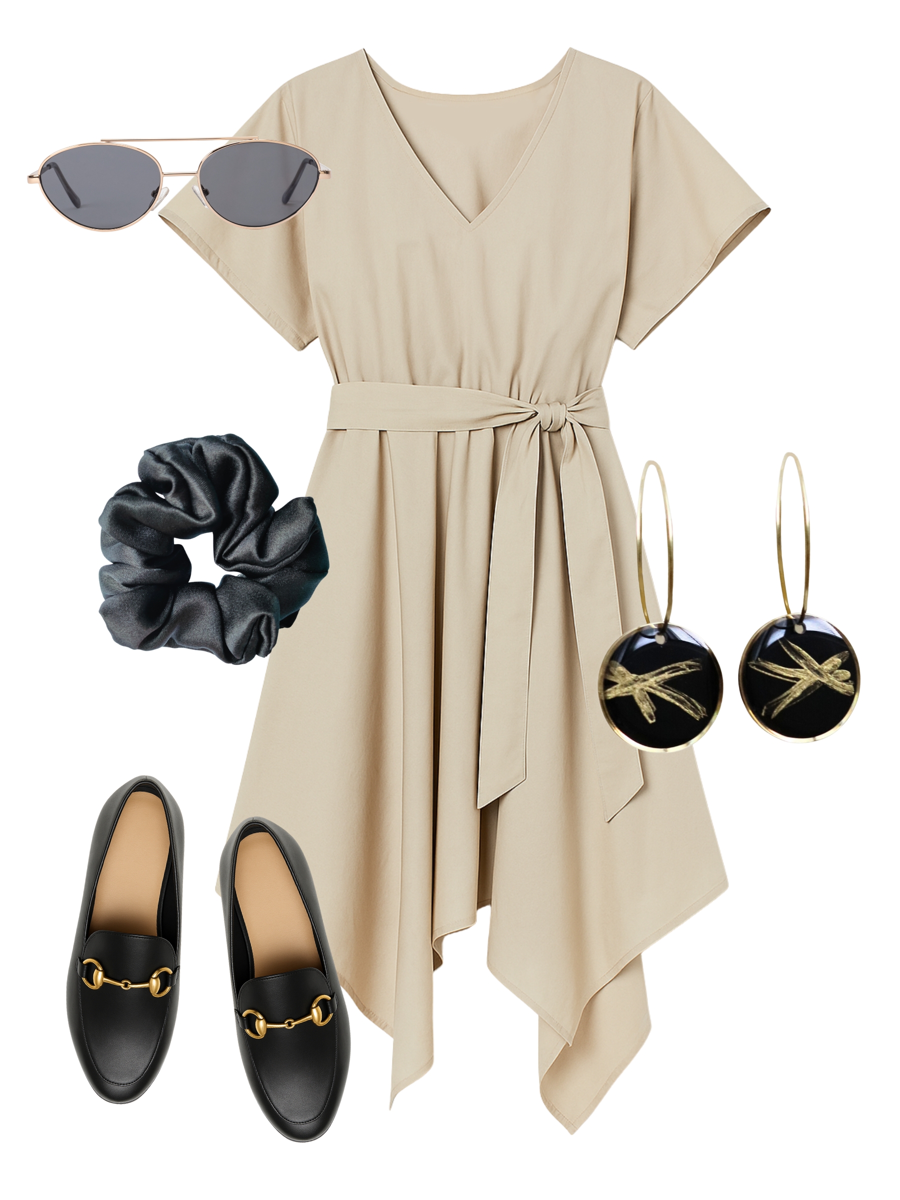 Elegantní outfit, který se skládá z béžových šatů s cípatou sukní, visací zlatých náušnic na kroužku a černé saténové scrunchies gumičky.