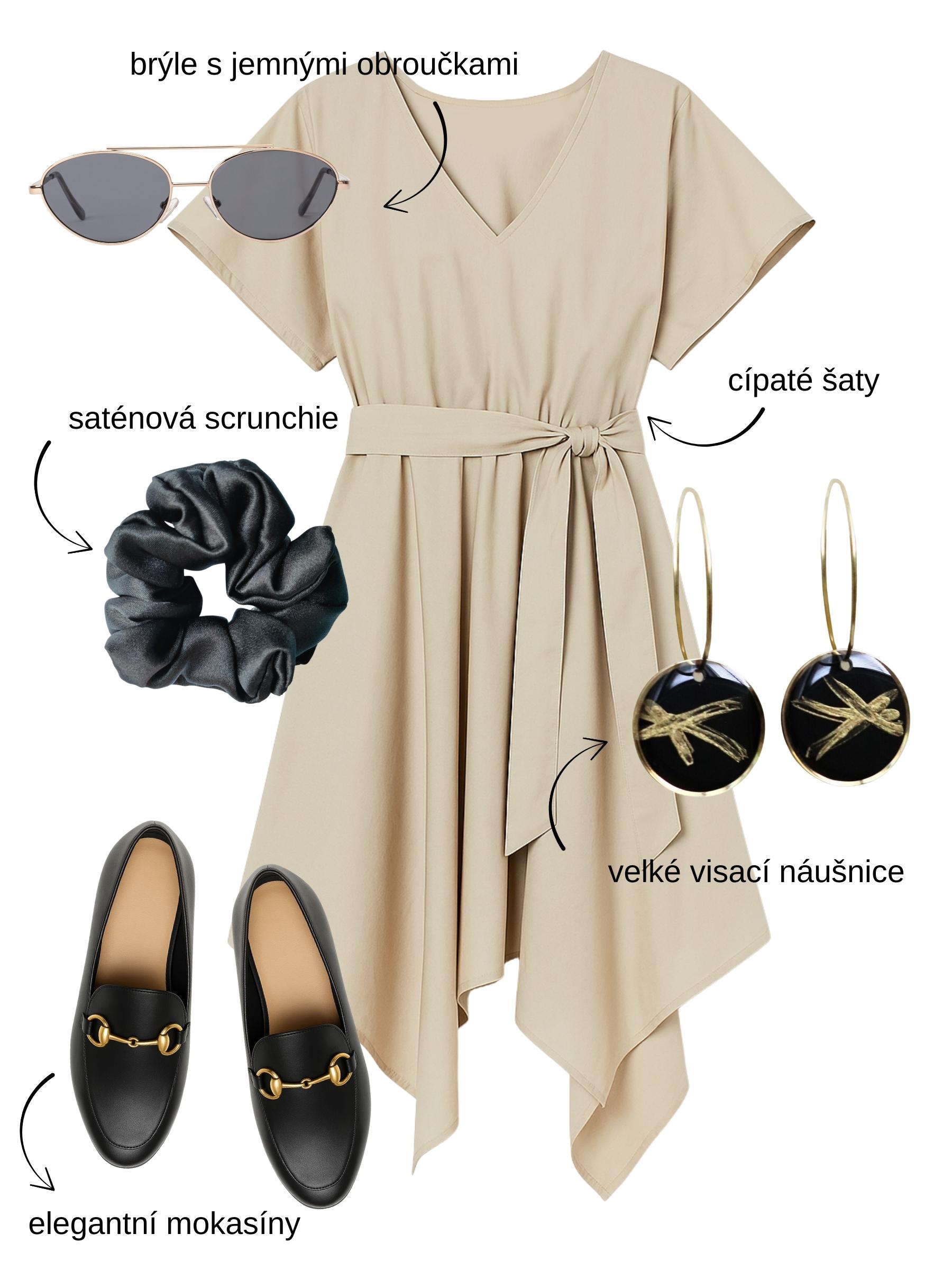 Jednoduchý elegantní outfit do města nebo do práce. Béžové šaty a náušnice.