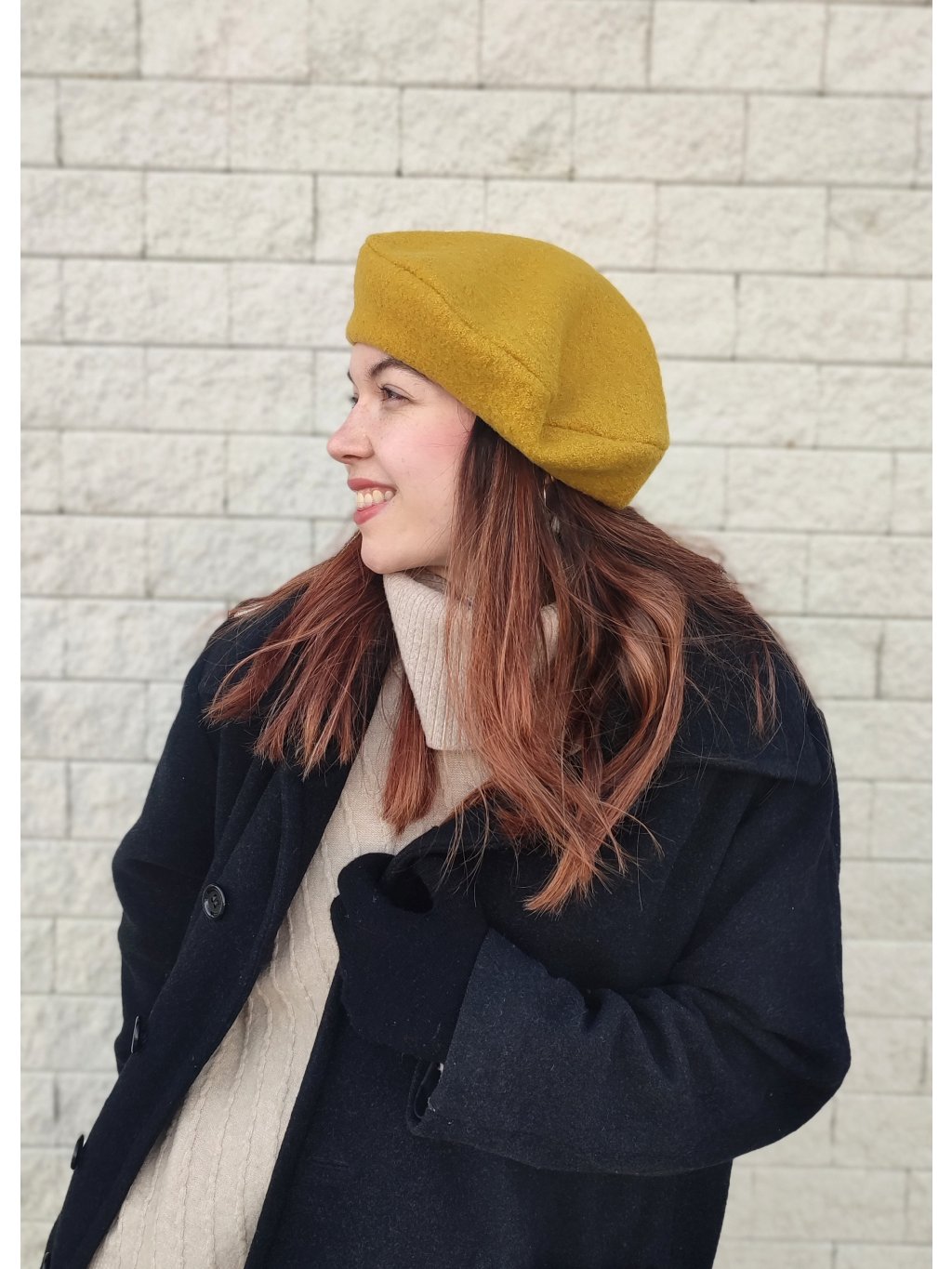 Vlněný zimní baret - hořčice 100% vlna