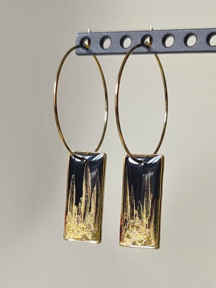 Velké visací náušnice obdélník - černá a zlatá