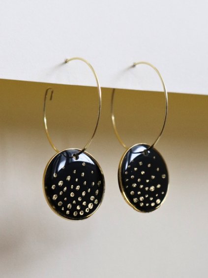 Velké visací náušnice - černá a zlatá puntíky