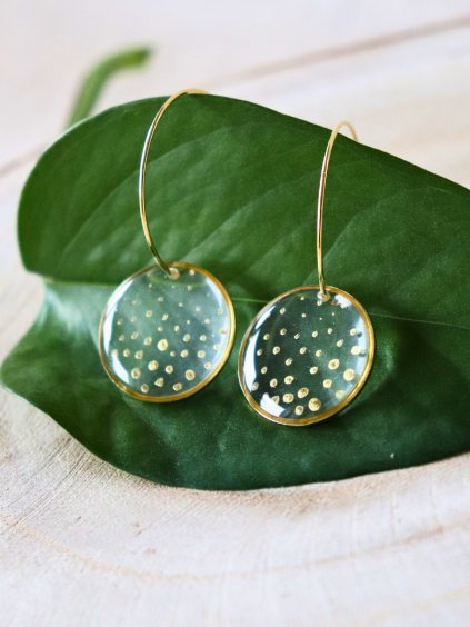 Velké visací náušnice - průhledná a zlatá puntíky