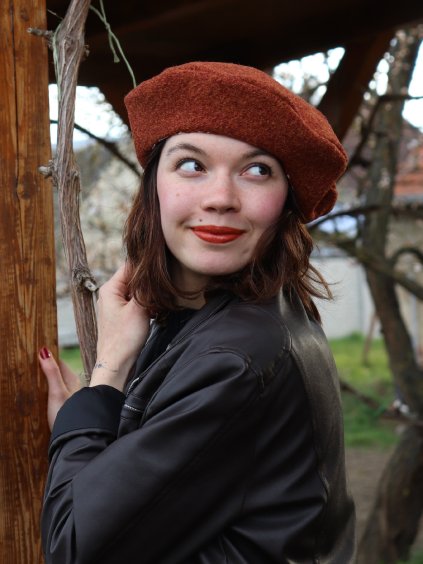 Vlněný zimní baret - rezavá 100% vlna