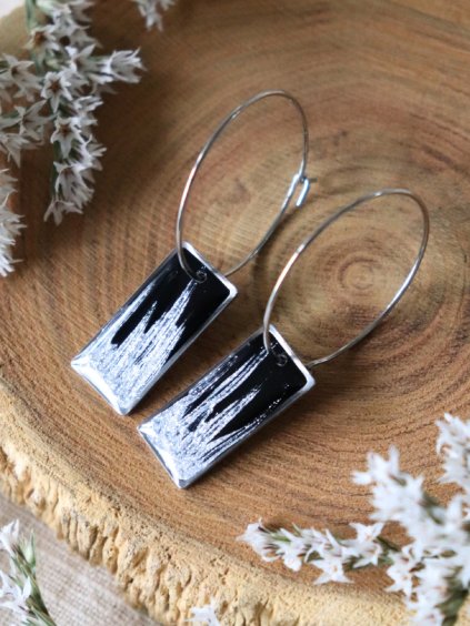Velké visací náušnice obdélník - černá a stříbrná