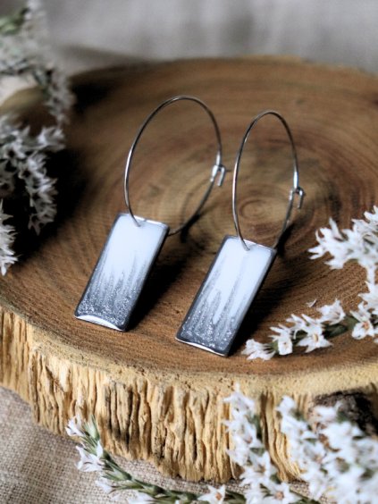 Velké visací náušnice obdélník - bílá a stříbrná