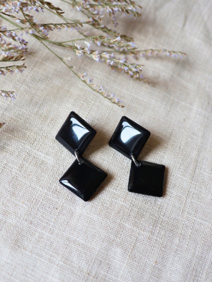 Visací náušnice - 2 kosočtverce černá