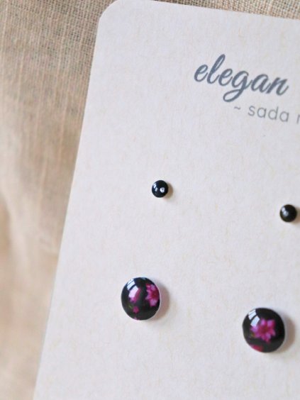 Sada náušnic - černá Květka a stříbrná tečka