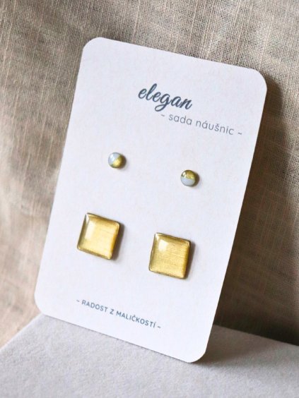 Sada náušnic - zlatá čtverec a bílá půlená
