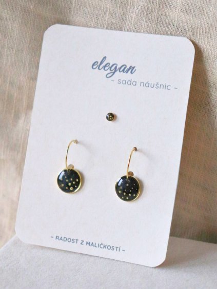 Sada visacích náušnic a pecky - zlatá a černá puntíky