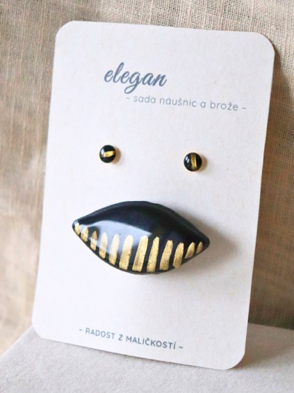 Sada náušnic a brože - zlatá a černá čárka