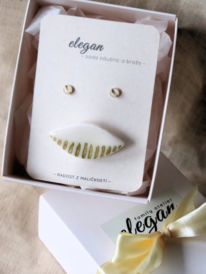 Sada náušnic a brože - zlatá a bílá čárka