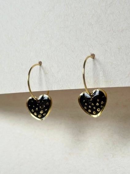Malé visací náušnice srdíčko - černá a zlatá puntíky