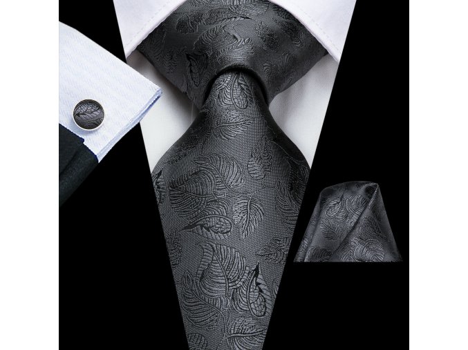 kravatovy set cerny metalicky vzorovany kapesnicek manzety