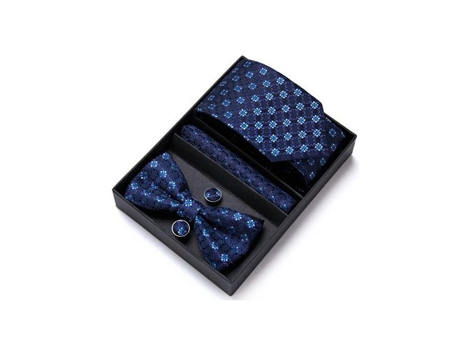 modry kravatovy set kapesnicek kravata motylek manzety