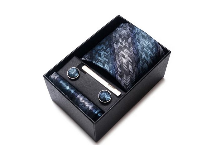 kravatovy set moderni modry kapesnicek manzety kravata