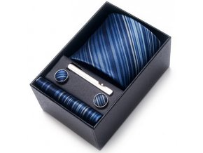 modry pruhovany kravatovy set elegantni kravata kapesnicek manzety