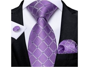 fialova kravata karovana kravatovy set kapesnicek manzety