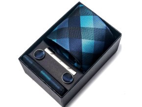 modra kostkovana kravata karovana set