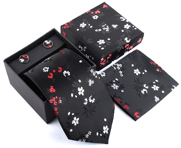 Atraktivní kravatový set černý s kvítky, 100% hedvábí