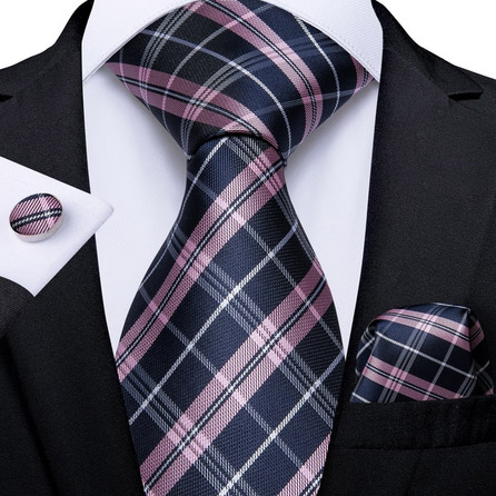 Kravatový set károvaný černo-růžový, kravata, kapesníček, manžety